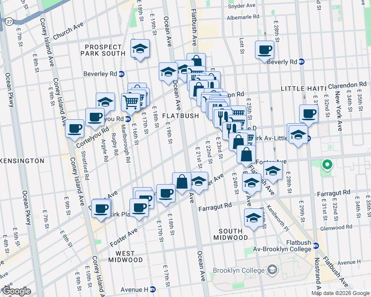 map of restaurants, bars, coffee shops, grocery stores, and more near Ocean Avenue & Ditmas Avenue in Brooklyn