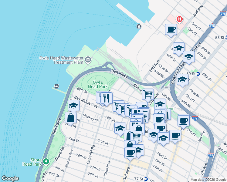 map of restaurants, bars, coffee shops, grocery stores, and more near 6678 Sedgwick Place in Brooklyn