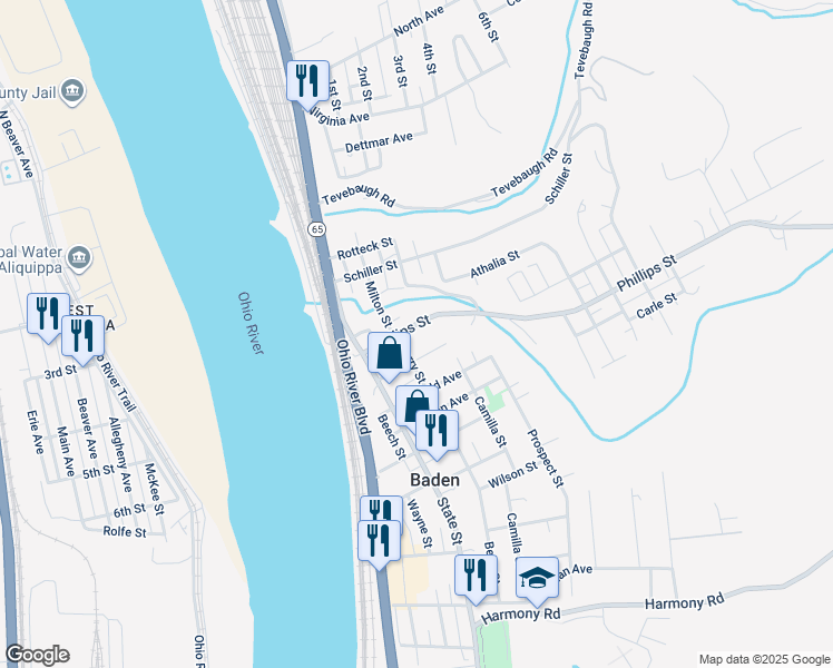 map of restaurants, bars, coffee shops, grocery stores, and more near 516 Phillips St in Baden