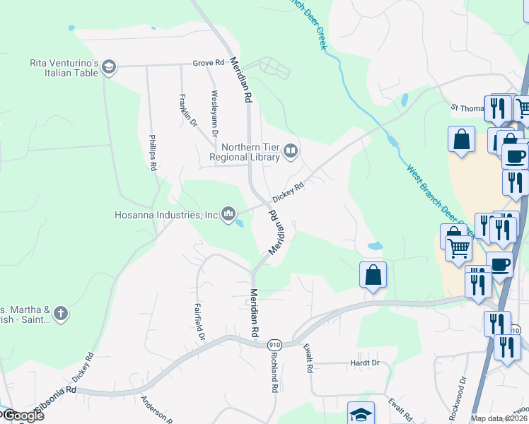 map of restaurants, bars, coffee shops, grocery stores, and more near 5701 Meridian Road in Gibsonia