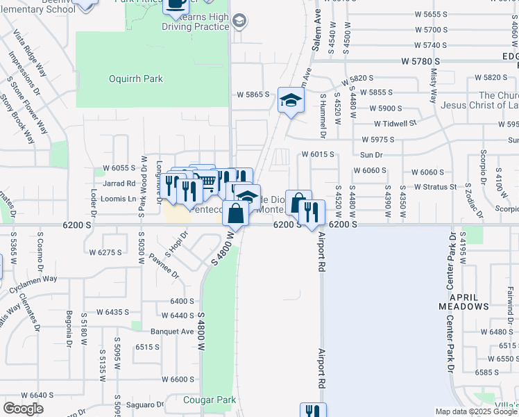 map of restaurants, bars, coffee shops, grocery stores, and more near South Miramonte Way in Kearns