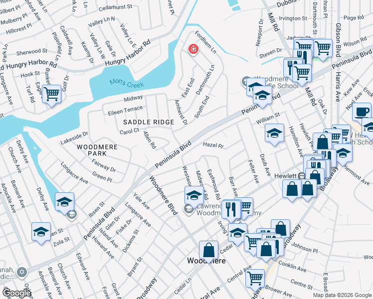 map of restaurants, bars, coffee shops, grocery stores, and more near 960 Westwood Road in Woodmere