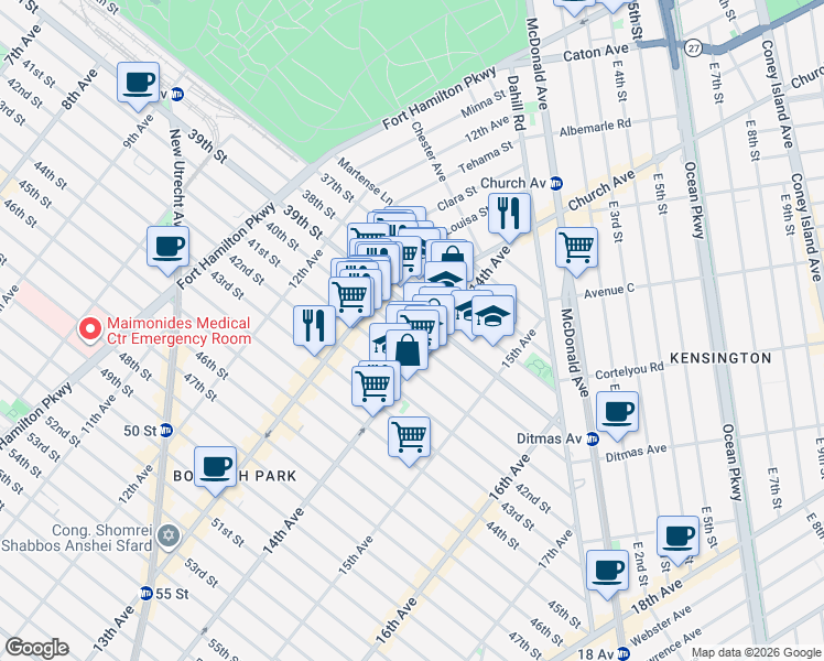 map of restaurants, bars, coffee shops, grocery stores, and more near 1372 39th Street in Brooklyn