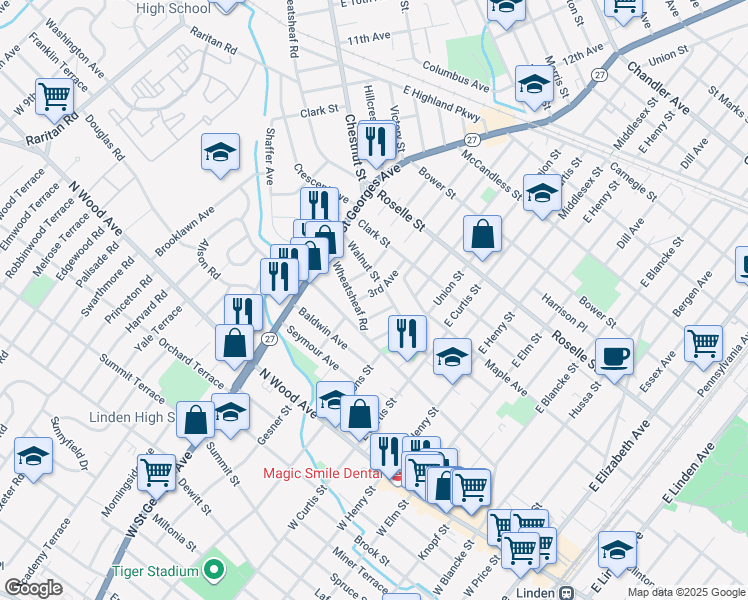 map of restaurants, bars, coffee shops, grocery stores, and more near 919 Walnut Street in Linden
