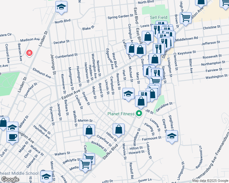 map of restaurants, bars, coffee shops, grocery stores, and more near 1878 Campbell Street in Bethlehem