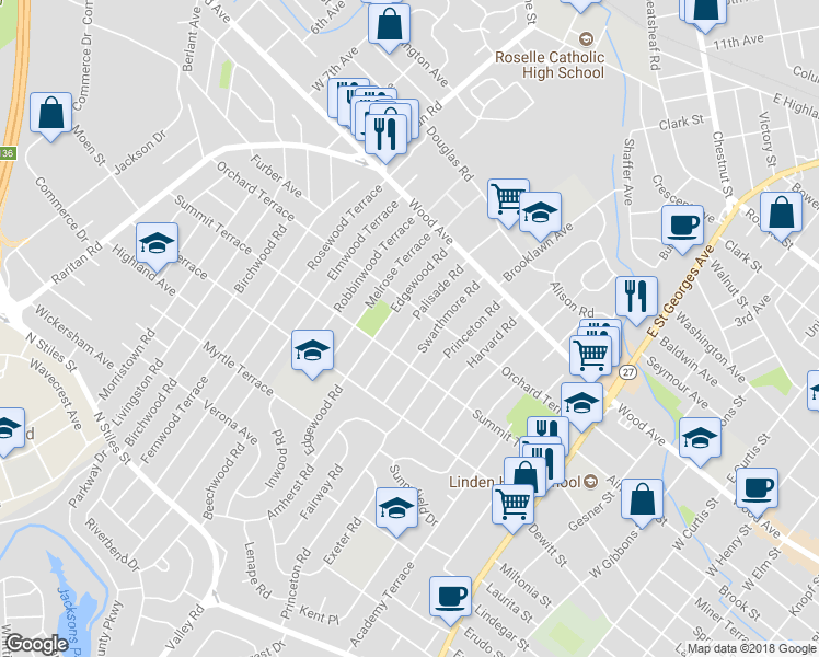 map of restaurants, bars, coffee shops, grocery stores, and more near 117 Palisade Road in Linden
