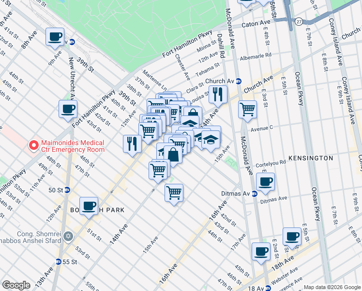 map of restaurants, bars, coffee shops, grocery stores, and more near 1372 39th Street in Brooklyn