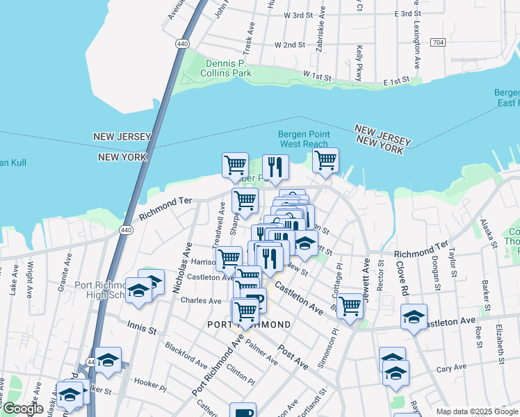 map of restaurants, bars, coffee shops, grocery stores, and more near 57 Larkin Street in Staten Island