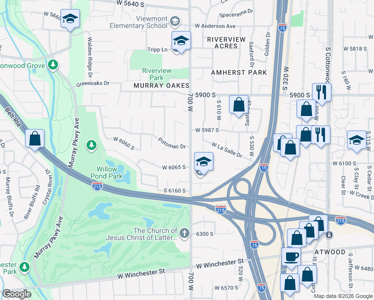 map of restaurants, bars, coffee shops, grocery stores, and more near 709 Potomac Drive in Murray
