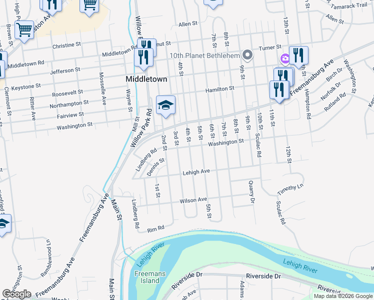 map of restaurants, bars, coffee shops, grocery stores, and more near 1650 4th Street in Bethlehem
