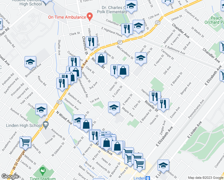 map of restaurants, bars, coffee shops, grocery stores, and more near 715 Clark Street in Linden