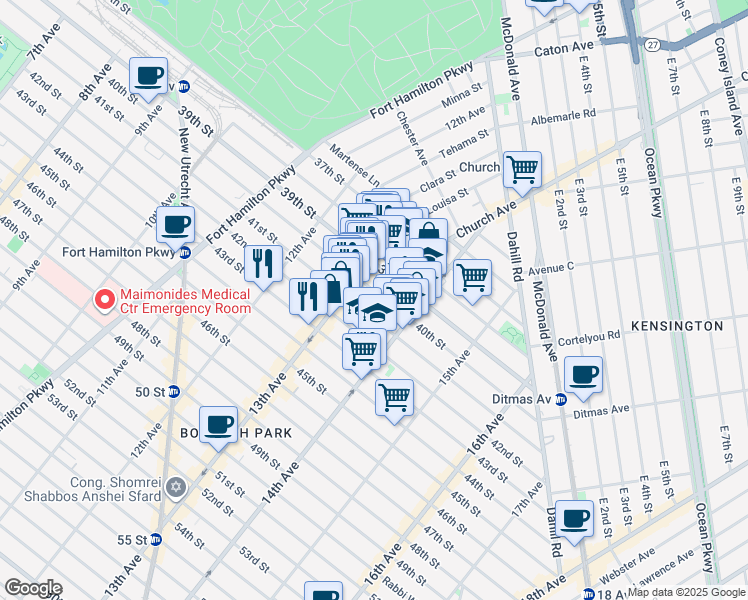 map of restaurants, bars, coffee shops, grocery stores, and more near 1328 40th Street in Brooklyn