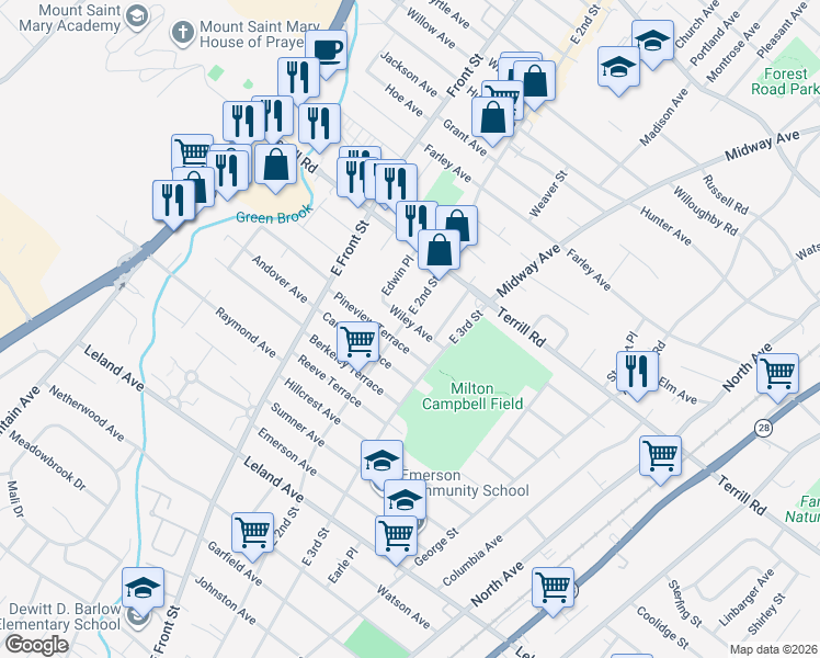 map of restaurants, bars, coffee shops, grocery stores, and more near 1418-20 East 2nd Street in Plainfield