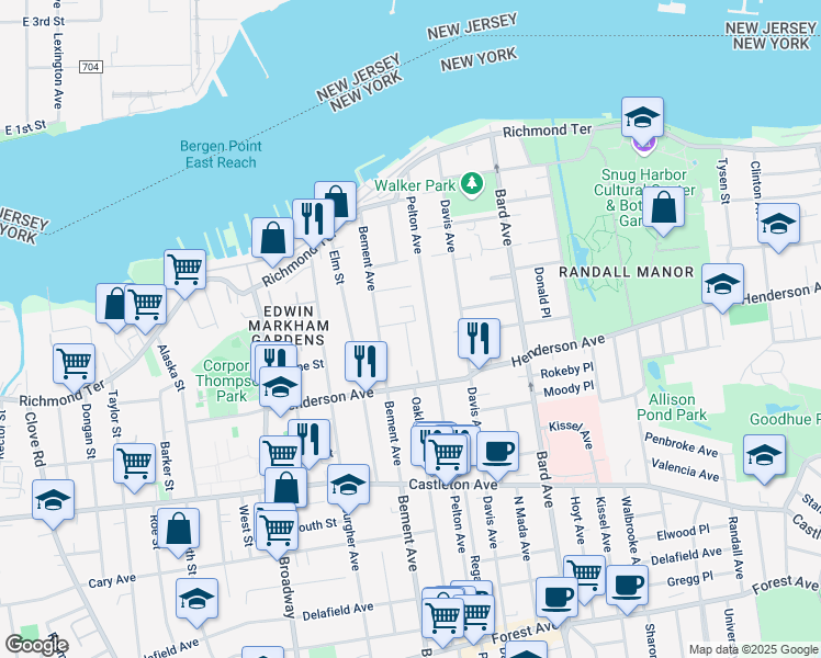 map of restaurants, bars, coffee shops, grocery stores, and more near 168 Bement Court in Staten Island