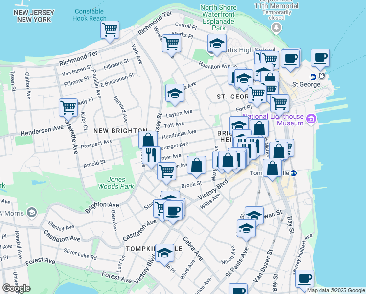 map of restaurants, bars, coffee shops, grocery stores, and more near 190 Benziger Avenue in Staten Island
