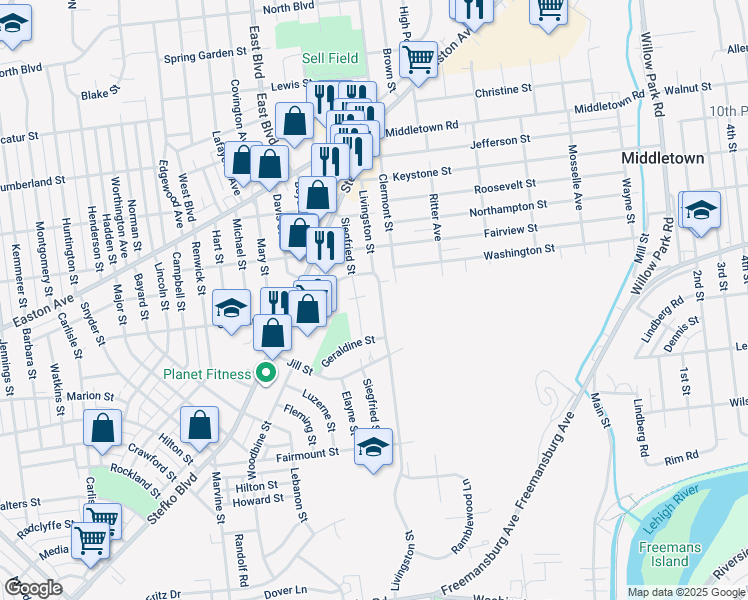 map of restaurants, bars, coffee shops, grocery stores, and more near 1843 Livingston Street in Bethlehem