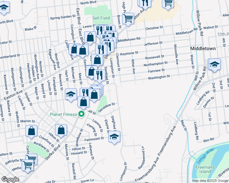 map of restaurants, bars, coffee shops, grocery stores, and more near 1843 Livingston Street in Bethlehem