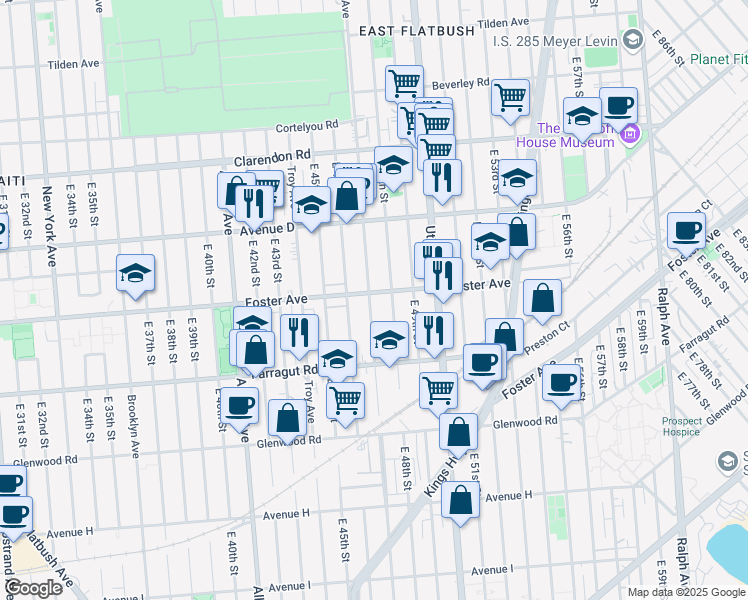 map of restaurants, bars, coffee shops, grocery stores, and more near 4702 Foster Avenue in Brooklyn