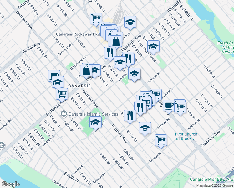map of restaurants, bars, coffee shops, grocery stores, and more near 1289 East 93rd Street in Brooklyn