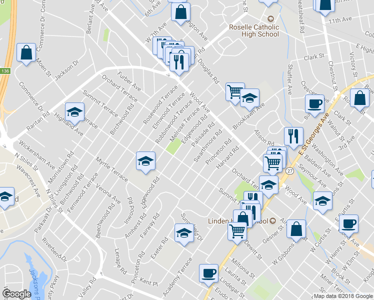 map of restaurants, bars, coffee shops, grocery stores, and more near 122 Palisade Road in Linden