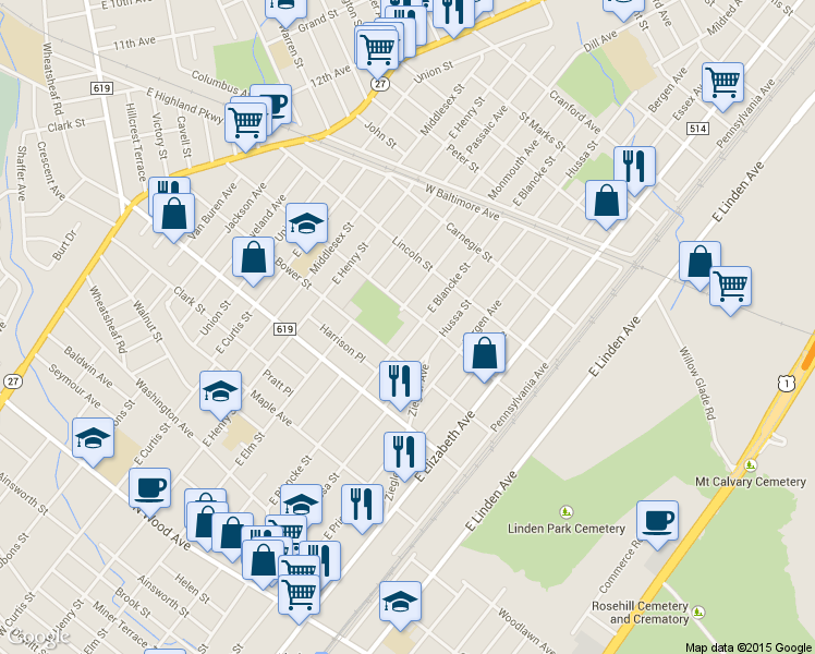 map of restaurants, bars, coffee shops, grocery stores, and more near 725 East Blancke Street in Linden