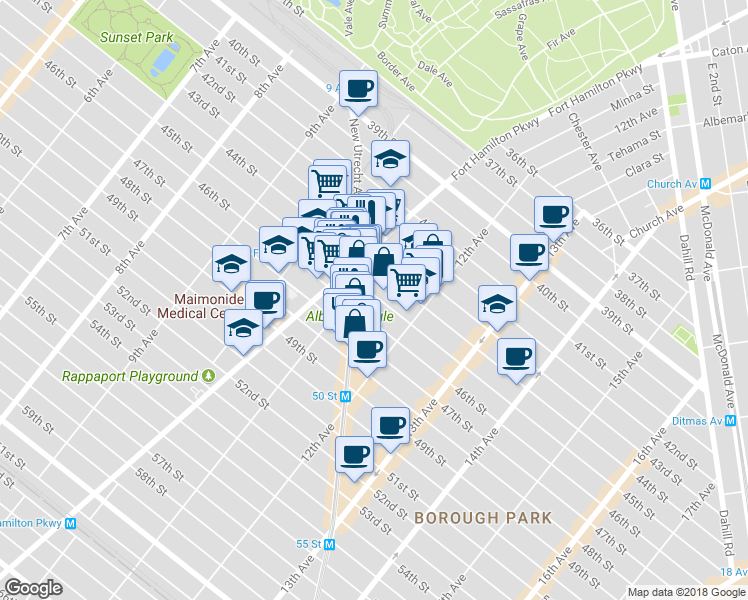 map of restaurants, bars, coffee shops, grocery stores, and more near 1128 45th Street in Brooklyn