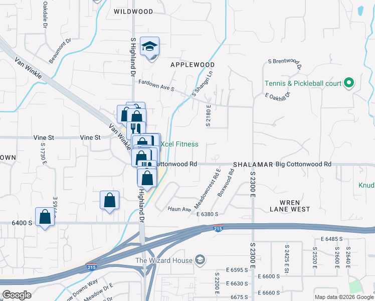 map of restaurants, bars, coffee shops, grocery stores, and more near 6150 Murdoch Woods Place in Salt Lake City