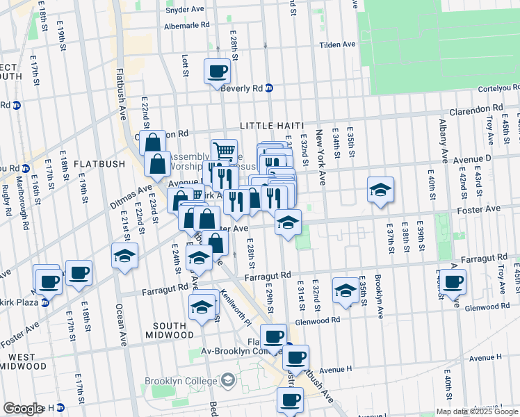 map of restaurants, bars, coffee shops, grocery stores, and more near 452 East 29th Street in Brooklyn