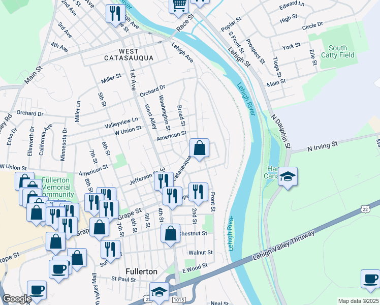 map of restaurants, bars, coffee shops, grocery stores, and more near 1016 Catasauqua Road in Fullerton