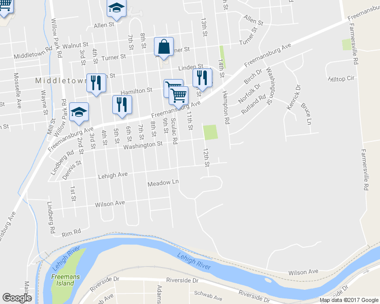 map of restaurants, bars, coffee shops, grocery stores, and more near 1633 11th Street in Bethlehem