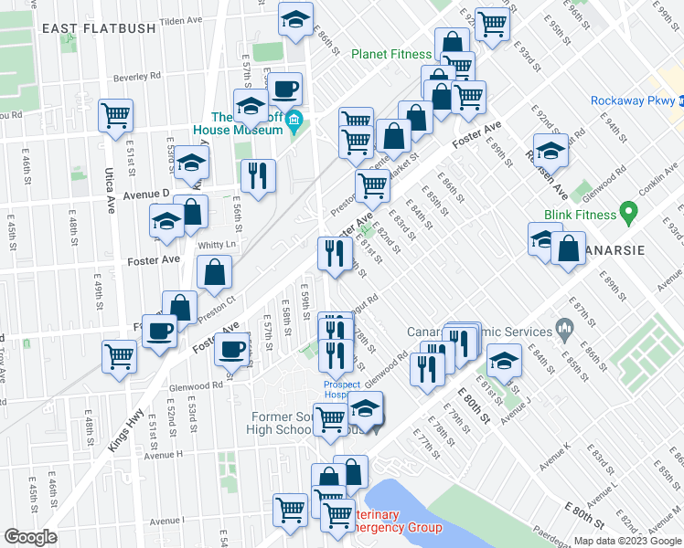 map of restaurants, bars, coffee shops, grocery stores, and more near 529 East 79th Street in Brooklyn