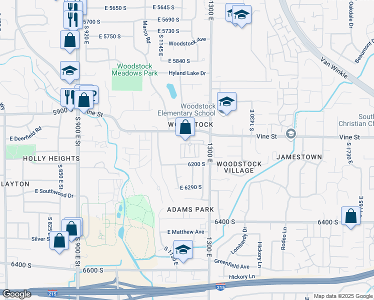 map of restaurants, bars, coffee shops, grocery stores, and more near 6140 Vine Park Drive in Murray