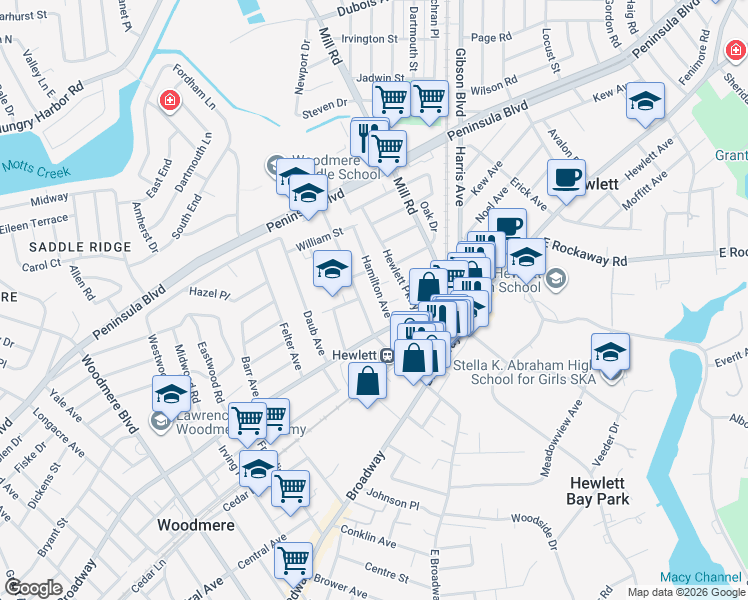 map of restaurants, bars, coffee shops, grocery stores, and more near 338 Franklin Avenue in Hewlett