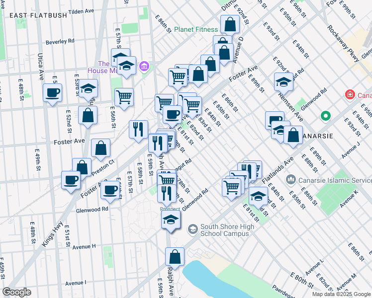 map of restaurants, bars, coffee shops, grocery stores, and more near 574 East 81st Street in Brooklyn