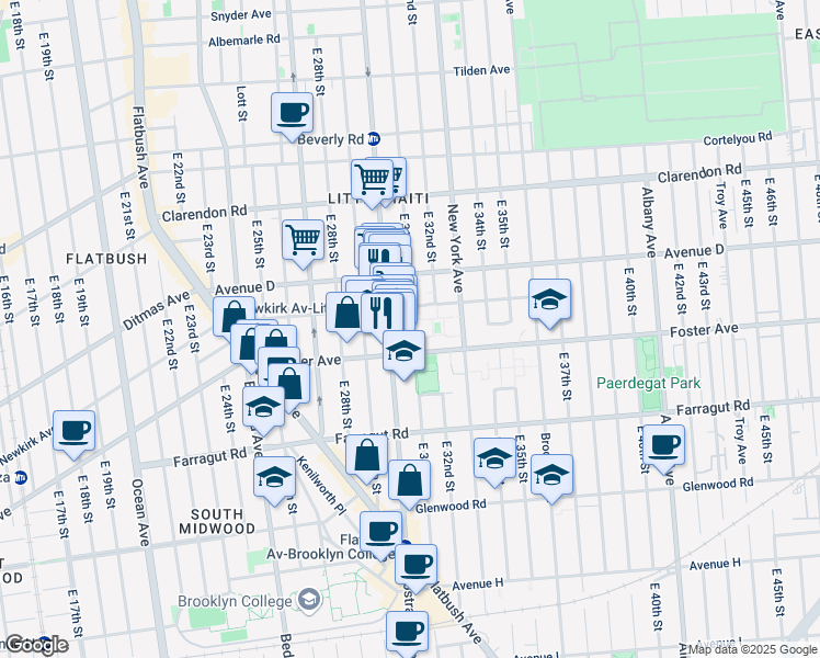 map of restaurants, bars, coffee shops, grocery stores, and more near 1358 New York Avenue in Brooklyn