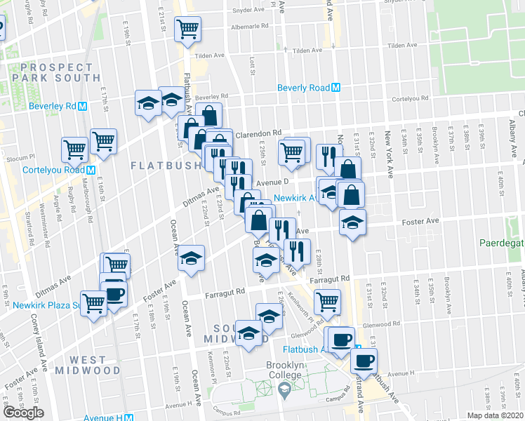 map of restaurants, bars, coffee shops, grocery stores, and more near 2523 Newkirk Avenue in Brooklyn