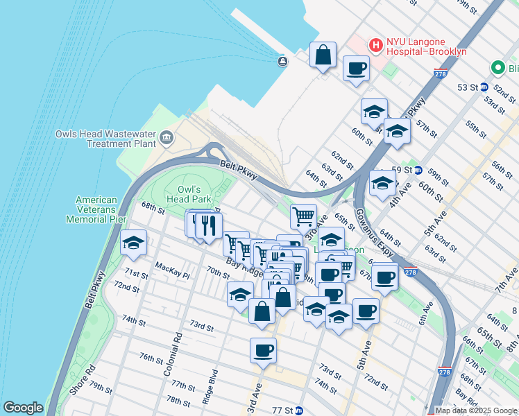 map of restaurants, bars, coffee shops, grocery stores, and more near 6645 Bergen Place in Brooklyn