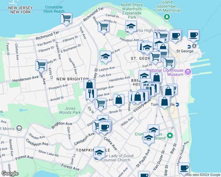 map of restaurants, bars, coffee shops, grocery stores, and more near 190 Benziger Avenue in Staten Island