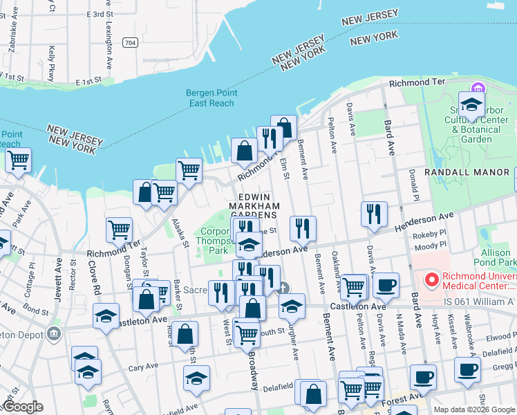 map of restaurants, bars, coffee shops, grocery stores, and more near 39 Markham Road in Staten Island
