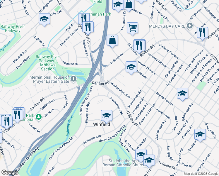 map of restaurants, bars, coffee shops, grocery stores, and more near 2838 North Stiles Street in Linden