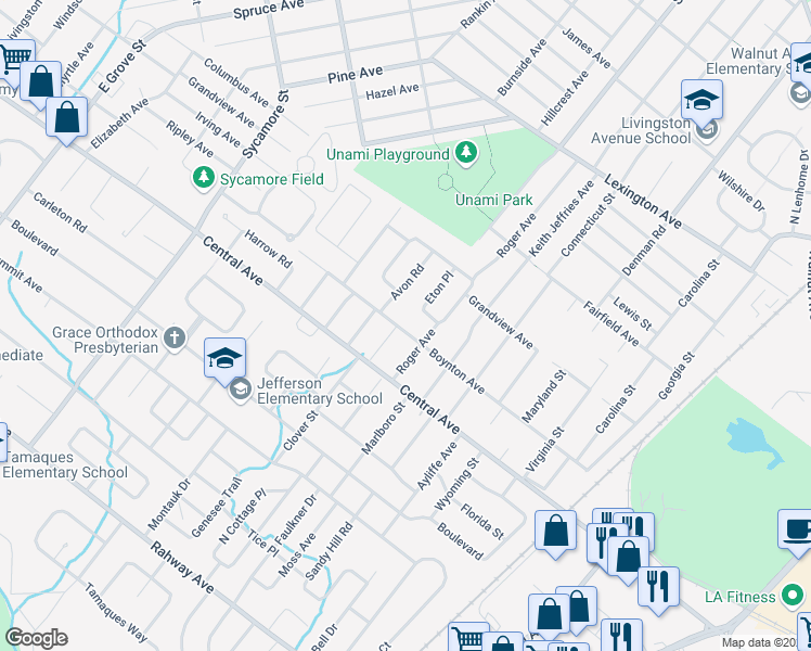 map of restaurants, bars, coffee shops, grocery stores, and more near 1415 Boynton Avenue in Westfield