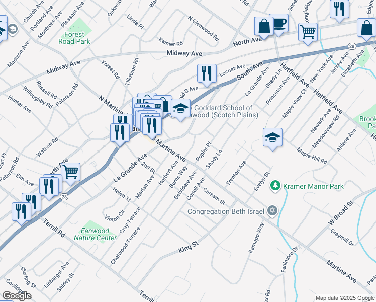 map of restaurants, bars, coffee shops, grocery stores, and more near 99 South Martine Avenue in Fanwood