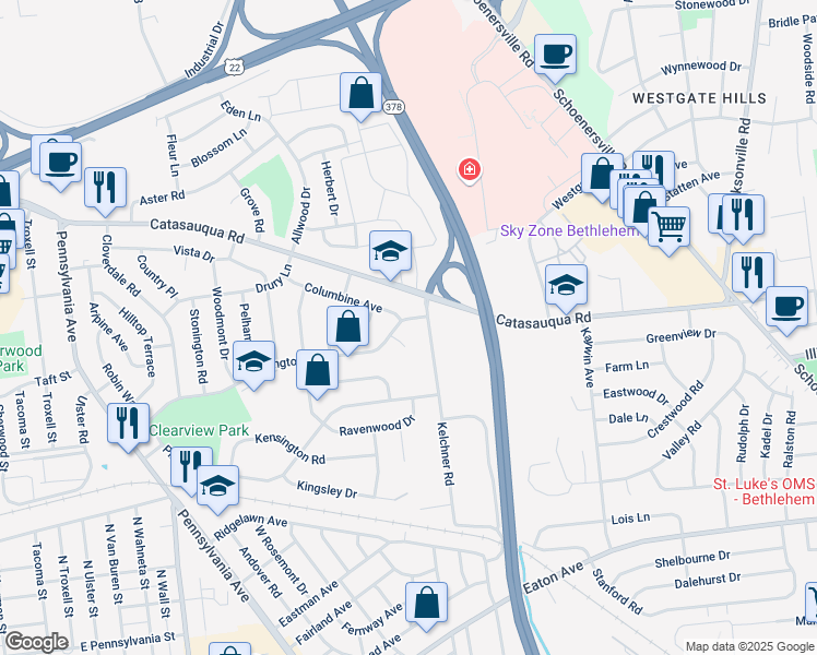 map of restaurants, bars, coffee shops, grocery stores, and more near 1805 Abington Road in Bethlehem