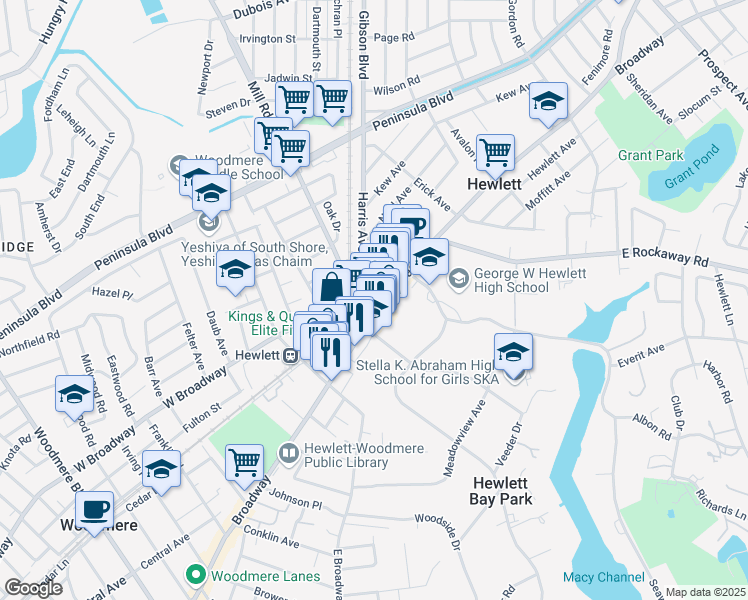 map of restaurants, bars, coffee shops, grocery stores, and more near 1300 Broadway in Hewlett