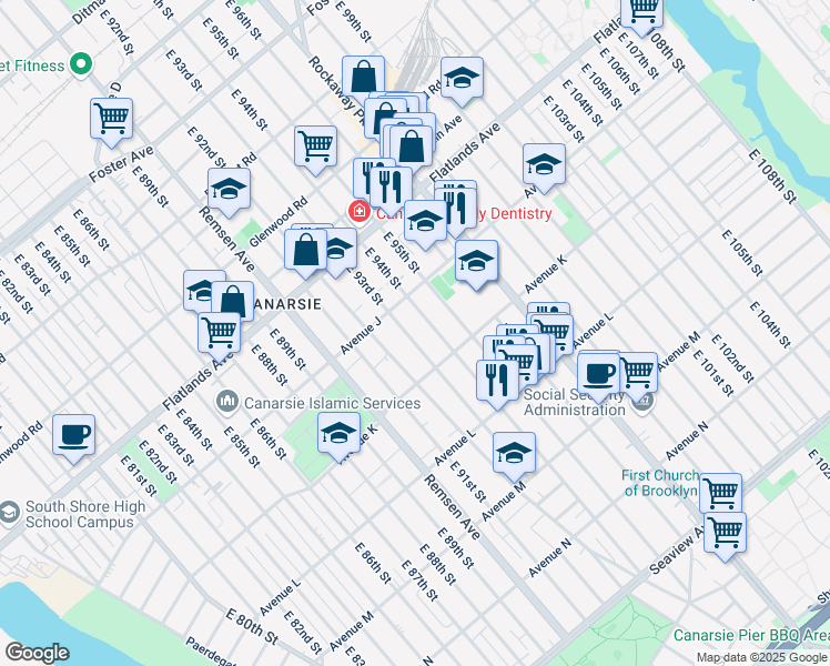 map of restaurants, bars, coffee shops, grocery stores, and more near 1289 East 93rd Street in Brooklyn