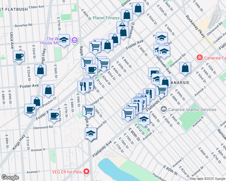 map of restaurants, bars, coffee shops, grocery stores, and more near 8124 Farragut Road in Brooklyn