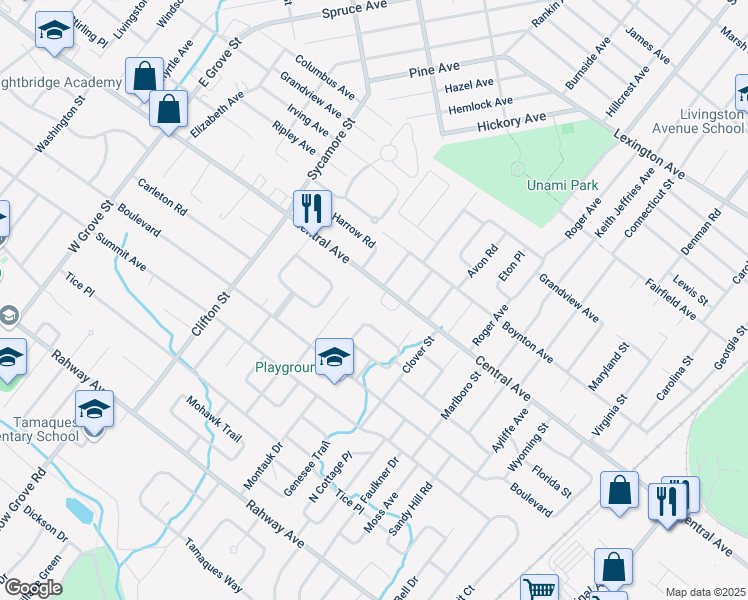 map of restaurants, bars, coffee shops, grocery stores, and more near 4 Starlite Court in Westfield