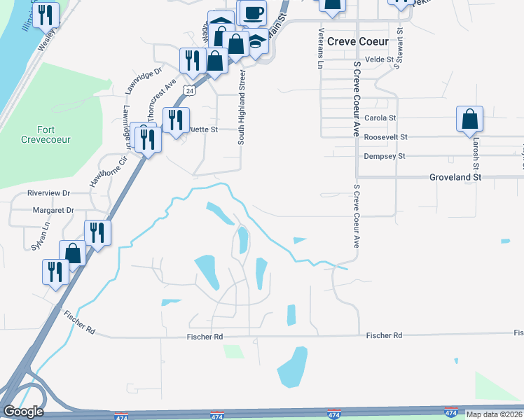 map of restaurants, bars, coffee shops, grocery stores, and more near 109 Morton Street in Creve Coeur