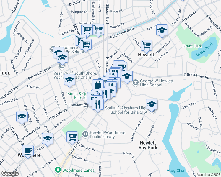 map of restaurants, bars, coffee shops, grocery stores, and more near 1300 Broadway in Hewlett