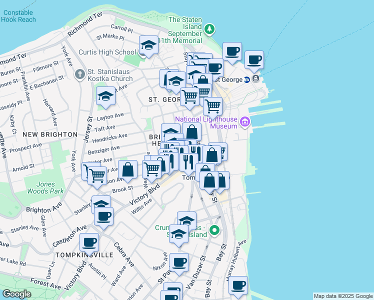 map of restaurants, bars, coffee shops, grocery stores, and more near 95 Monroe Avenue in Staten Island